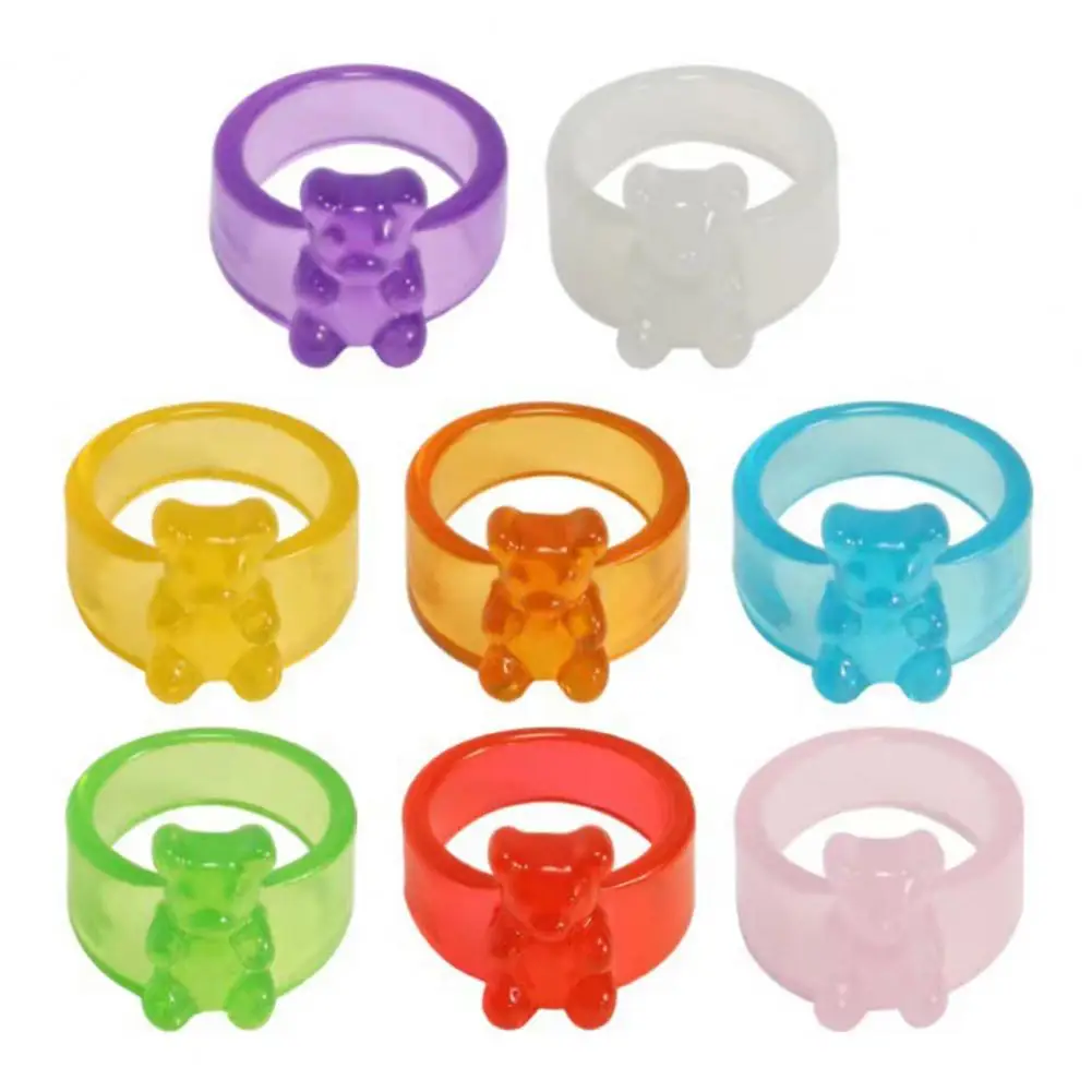 Cute Bear Ring Korean Ins Style Little Bear Ring Transparent Candy Color Acrylic Charm Fashion Accessory for Girls 3 Years