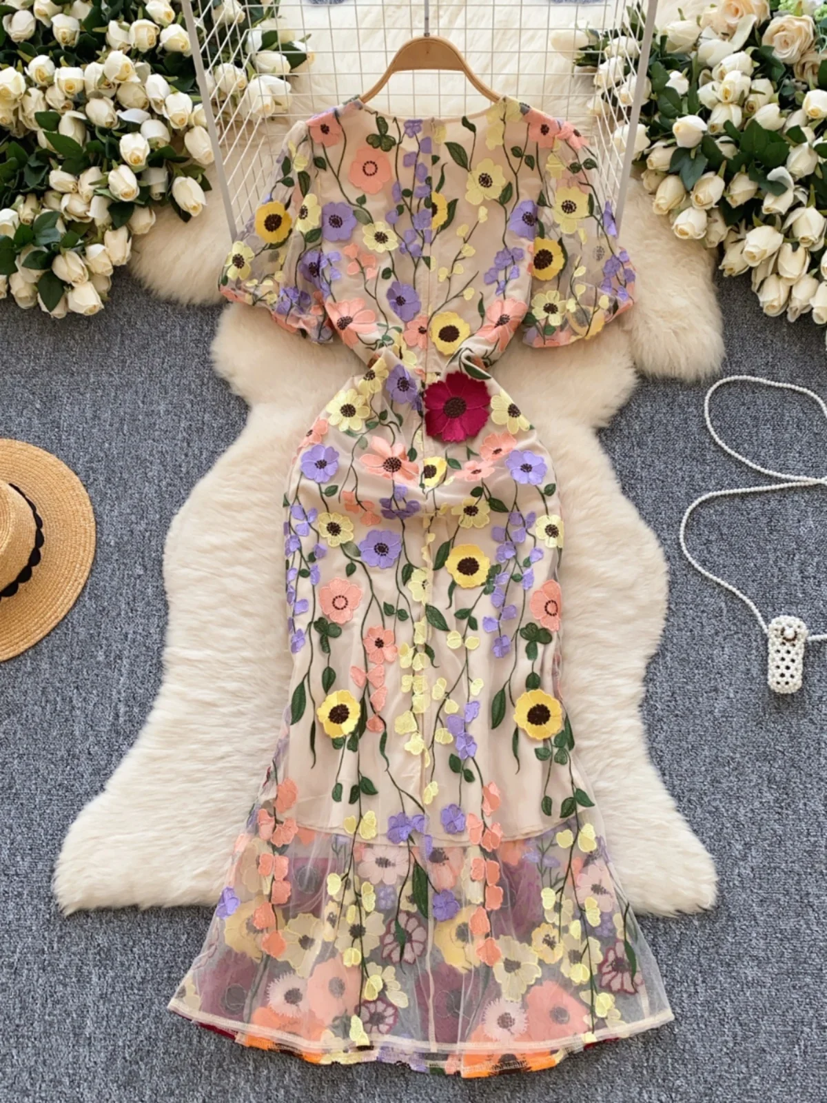 Luxury Lace Long Dresses Women Summer Holiday 3D Flower Embroidery Short Sleeve Mermaids Robe Evening Wedding Dress Female