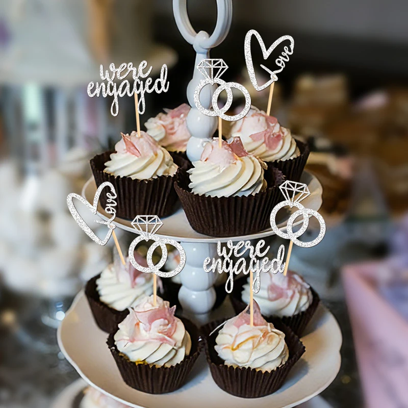 NUBECOM 24 Stück Verlobungs-Cupcake-Topper, Verlobungs-Kuchenaufsätze, glitzerndes Liebesherz mit Liebesringen, Verlobungs-Schrift-Kuchendekorationen – Detail 11