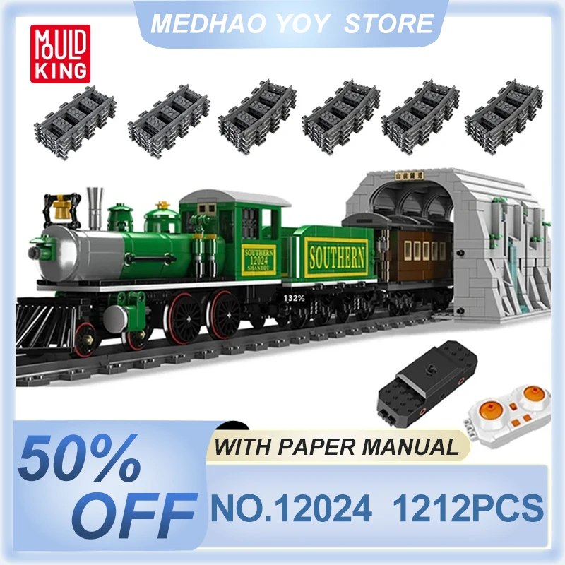 

Mould King 12024 Technical Car Building Blocks Remote Control Steam Locomotive with Train Tunnel Part Model Kids Christmas Gifts