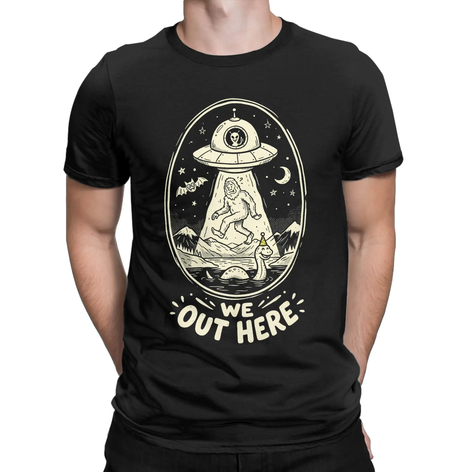 We Out Here Funny Bigfoot Mothman Cryptid UFO Abduction T Shirt T Shirts Men's  Fashion T-Shirts O Neck Tee Shirt Short Sleeve