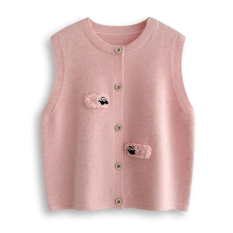 Women's Round Neck Cashmere Sweater Hand Embroidered Cartoon Thick Cardigan Vest Versatile Autumn Winter Fashion 100% Cashmere..