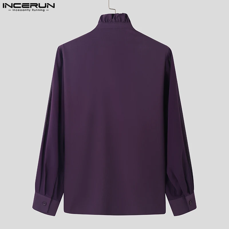 INCERUN Men\'s Shirts Solid Color Stand Collar Long Sleeve Button Casual Men Clothing Ruffle Streetwear 2024 Fashion Male Shirts