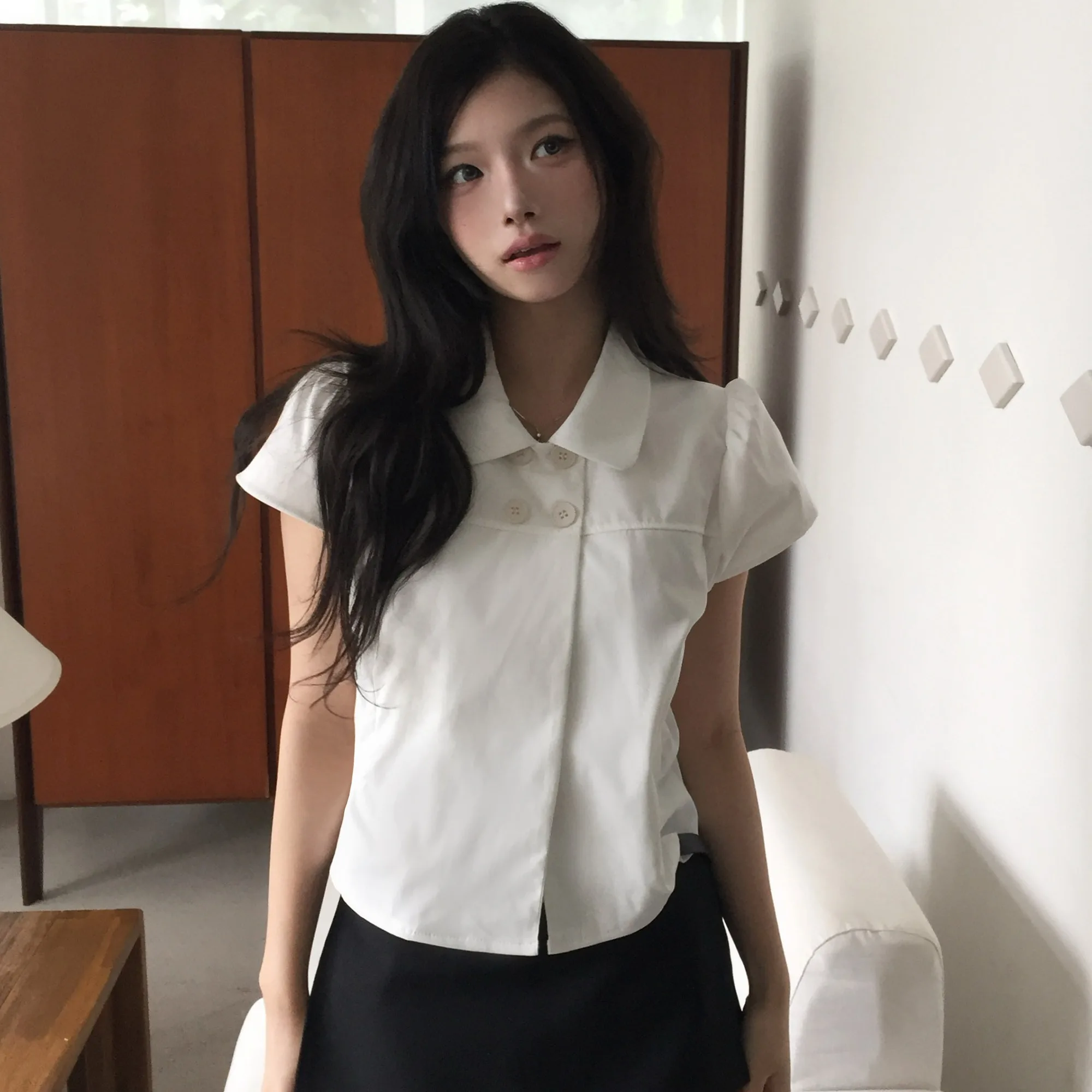 

Cotton Bubble Sleeve Short Sleeve Casual Shirt Vintage Doll Collar Four Buttons Girl's Feel Summer Shirt Versatile Waist-Cinc...