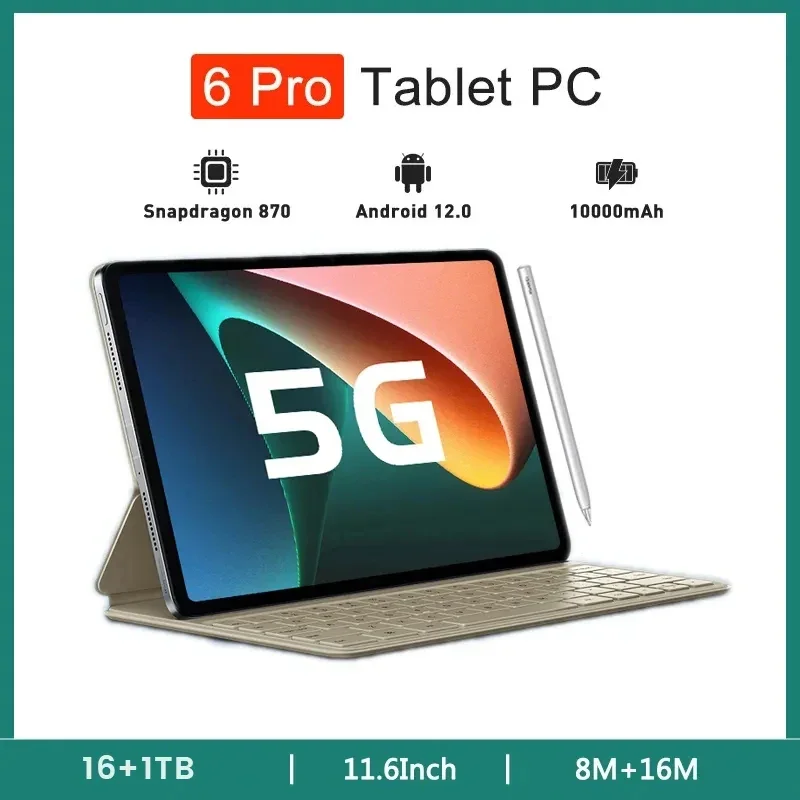 

2024 Global Pad 6 Pro Tablet Android 12 Snapdragon 870 Octa Core 16GB 1024GB 10000mAh 11inch Tablet 5G Dual SIM Card or WIFI