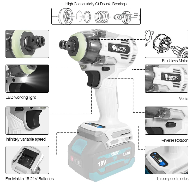 Electric Goddess Brushless Electric Wrench 800NM Cordless Screwdriver Mini Impact Drill Repair Electric Tool 18V Makita Battery