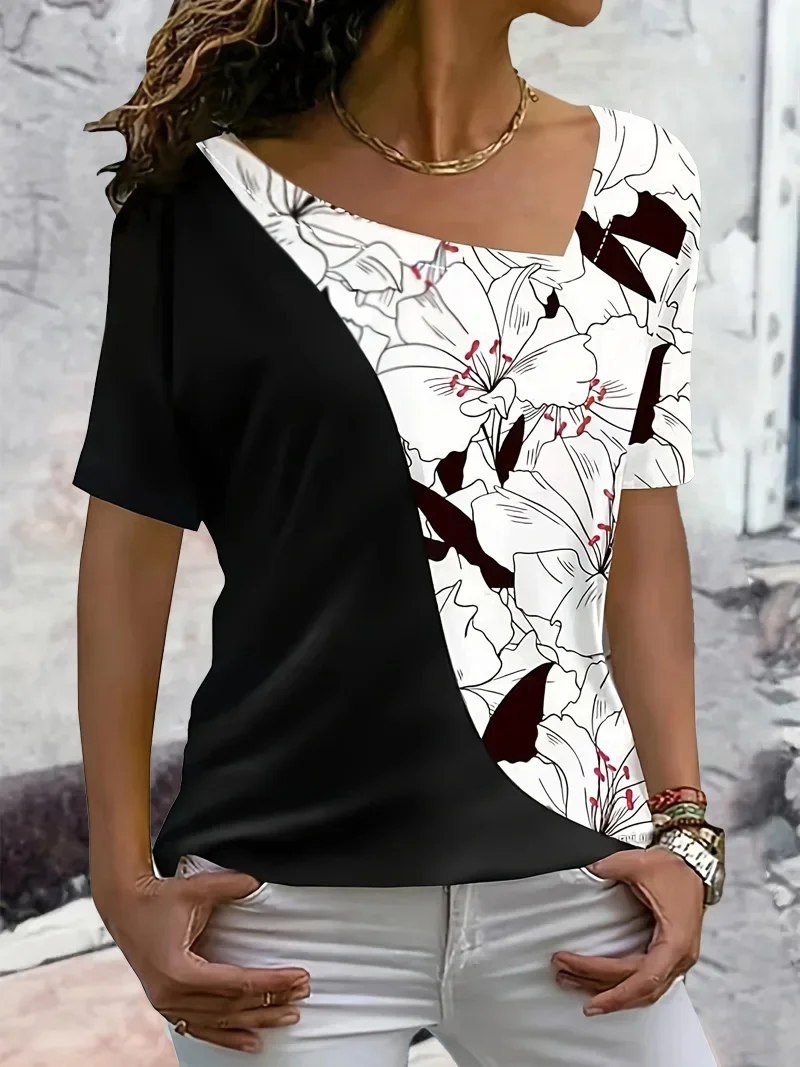 2024 Spring Summer New Black White Floral Print Fashion Oblique V-neck Color Collision Splicing Large Size Short-sleeved T-shirt