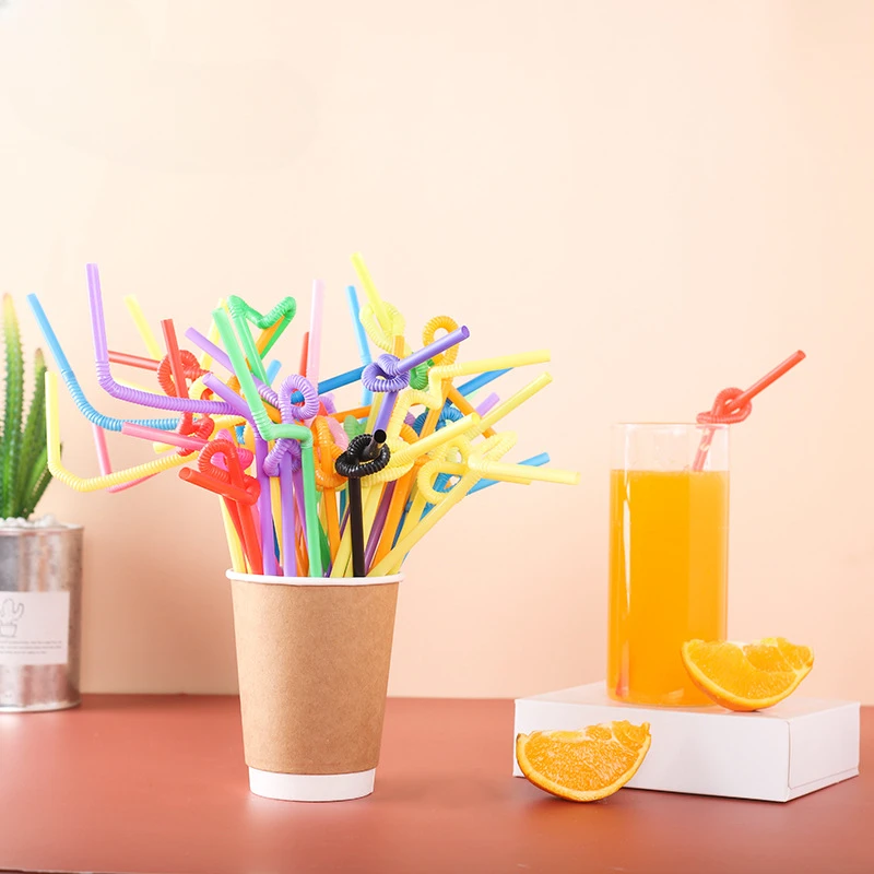 100Pcs Drinking Plastic Straws Colorful Art Long Flexible Wedding Party Supplies Kitchen Accessories