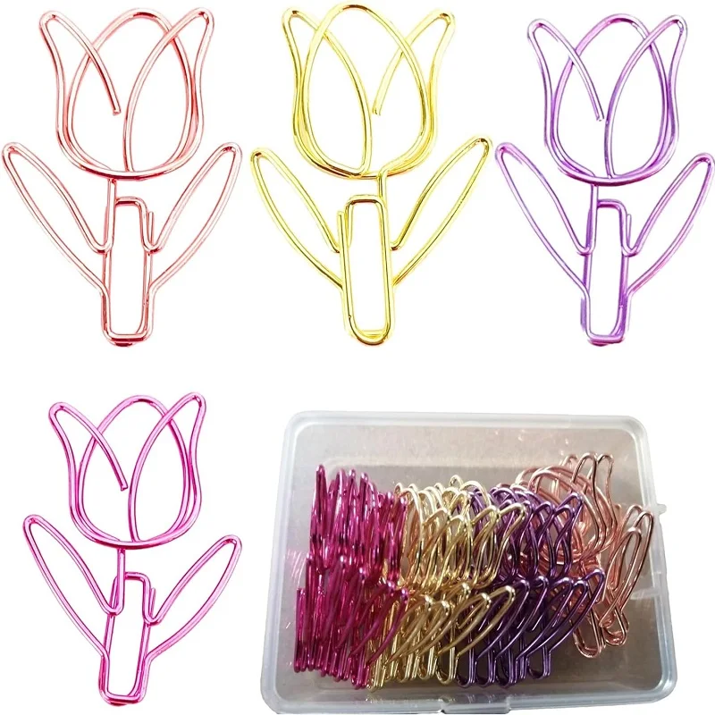 12Pcs/Box Tulip Shaped Paper Clip Colored Paper Clip Office Stationery Metal Bookmark Holder Stationery Paper Clips