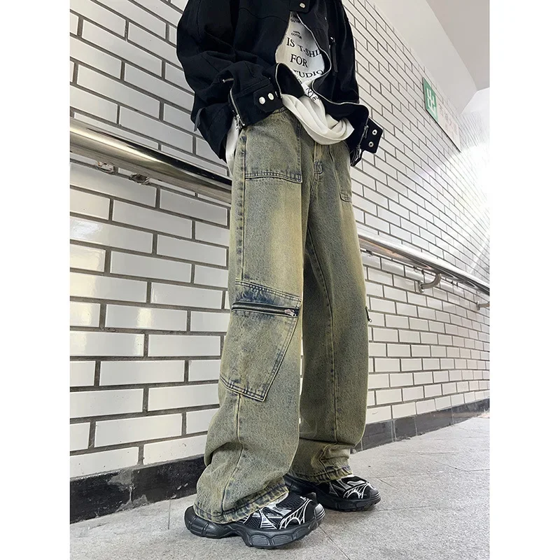 

American High Street Jeans Men Washed Ground White Floor Mop Pants Loose and Versatile Wide Work Pants Spring Autumn New Styles