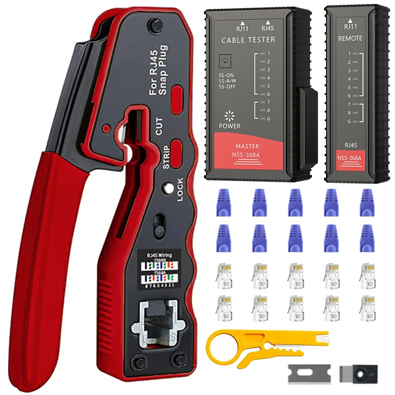 

RJ45 Crimp Tool Kit Pass Through Crimper Cutter for Cat6a Cat5 Cat5e 8P8C Modular Connector Ethernet Crimp Cable Tester Tool