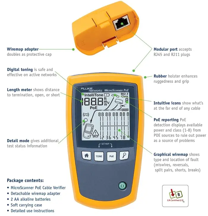 MS-POE MicroScanner Copper Cable Verifier and PoE tester for RJ-45 Category 5-6A Ethernet Cables