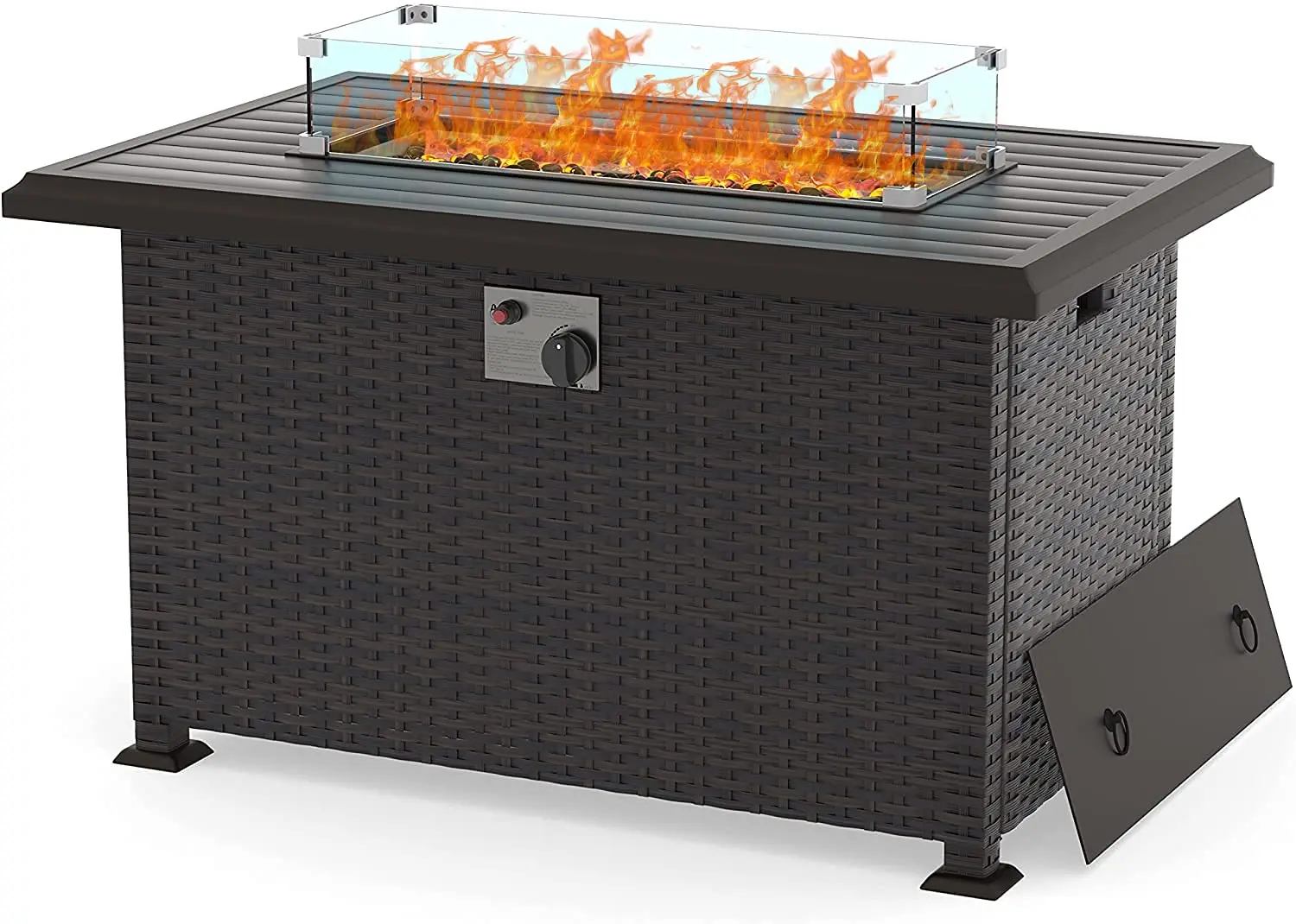 

43in 55000BTU Propane Gas Fire Pit Auto-Ignition Wicker Glass Wind Guard Tank Holder Lid Cover Outdoor Customized