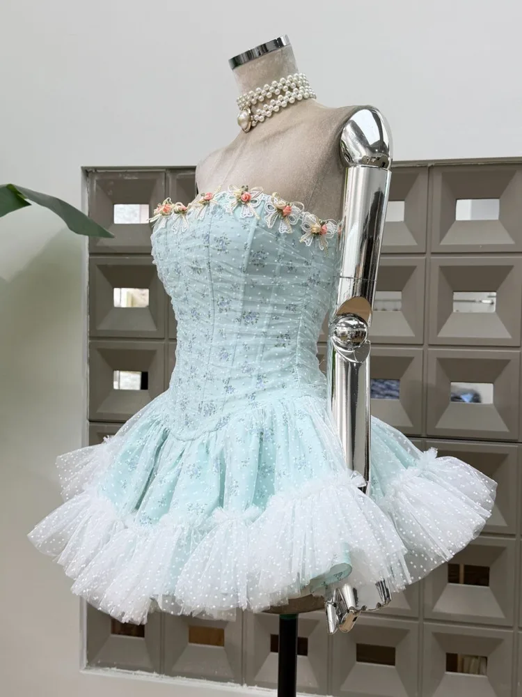 DFDG Damen-Kleid, elegantes Blumenkorsett, trägerloses Kleid, Tüllrock, Feenstil, ärmellos, A-Linie, Taille, Krawatte, 2025, Frühlings- und Sommerkleid