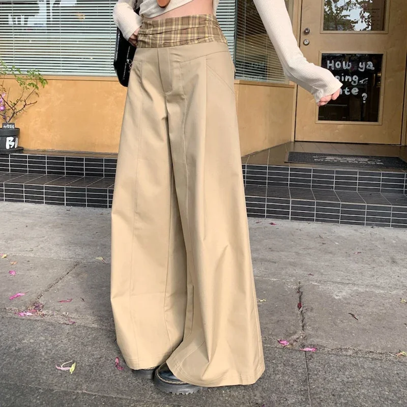 Khaki Casual Pants for Women 2026 Spring Plaid Patchwork Wide Leg Pants Women Loose High Waisted Long Trousers