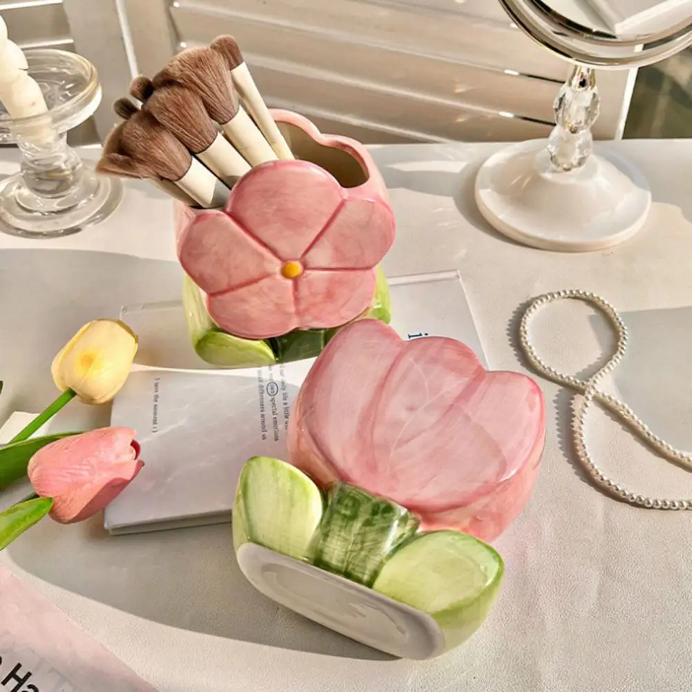 Eyebrow Pen Organizer Pen Holder for Desk Ceramic Flower Pen Holder Desk Organizer Cute Office Storage Box for Stationery