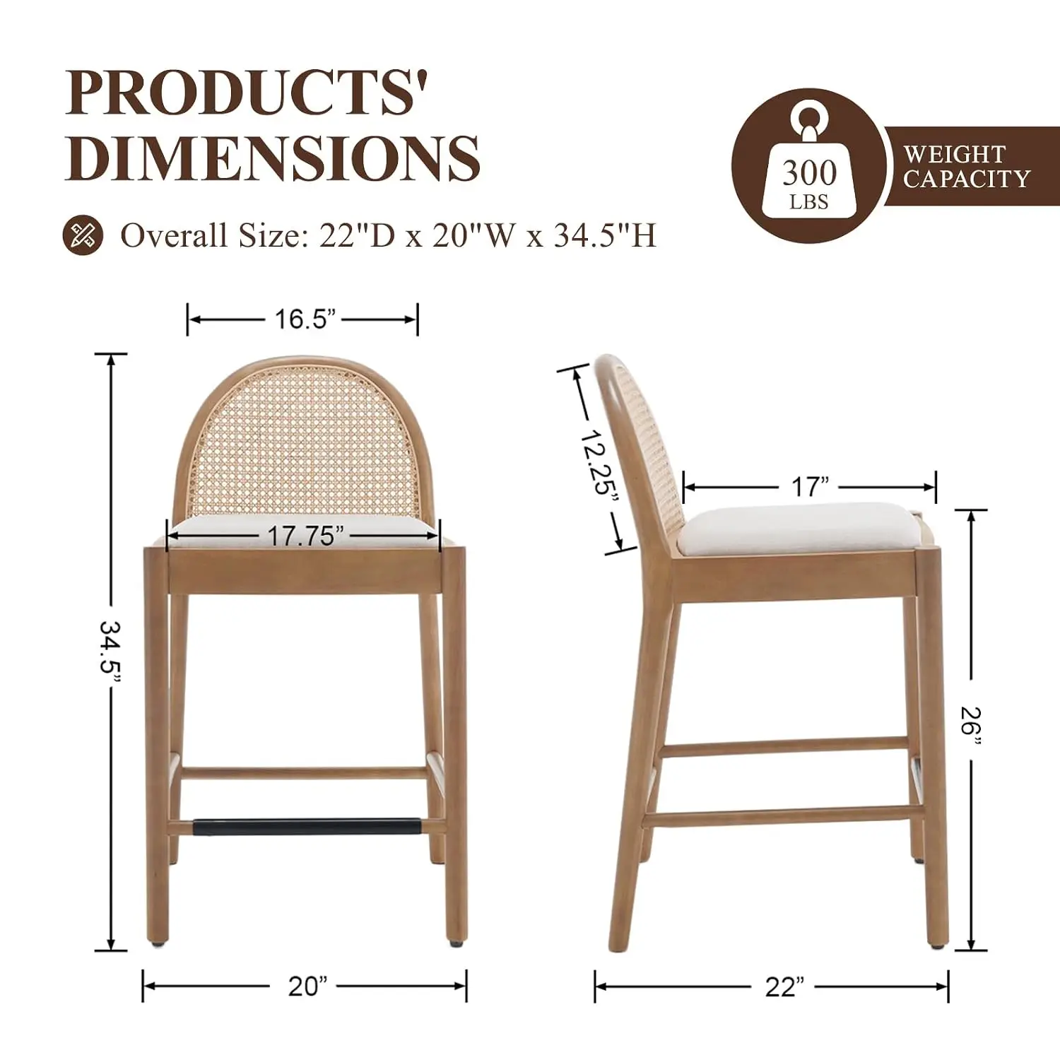 Mid-Century Bar Stools Set 4, 26 Inch Rattan Back Linen Counter Height Upholstered Chairs with Wood Legs for Kitchen Dining, Cus