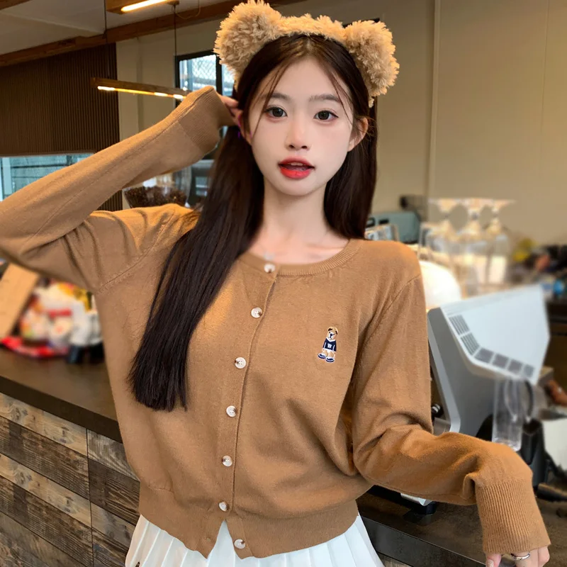 Spring Autumn Fashion Korean Version O-neck Casual Knitted Sweaters Slim Embroidered Bear All-Match Long Sleeve Cardigan Top