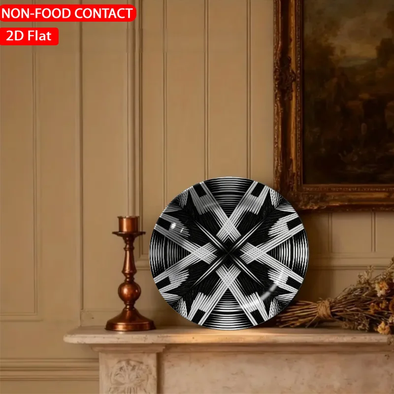 1pc Abstract Geometric Circular Black Ceramic Plate Non-food Contact, Home Desk Ornaments, Living Room and Bedroom Decorations,