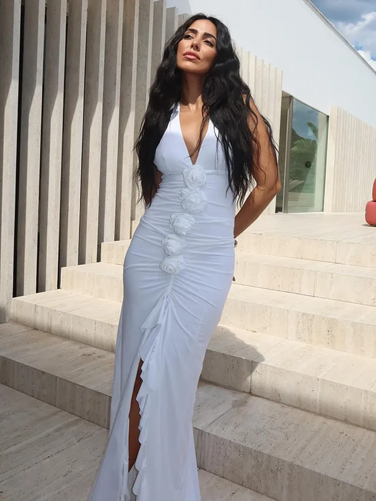 White Floral Ruched Sexy Maxi Dress Women Fashion Elegant Deep V Neck Sleeveless Ruffled Bodycon Party Club Long Slit Dresses