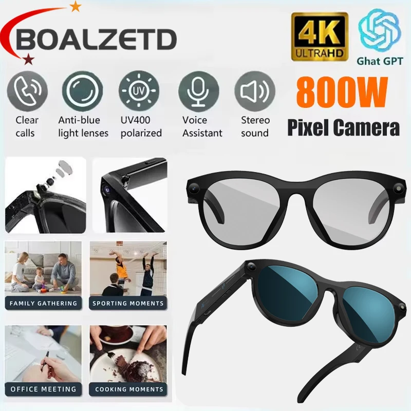 

2026 NEW 4K HD AI Smart Glasses Chat GPT Camera Bluetooth Call 290MahBattery Voice Assistant Control Sports Smart Glasses 2025