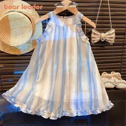 Bear Leader Summer Baby Girls Princess Dress Korean Version Sleeveless Ruffle Tie Dye Striped Printing Party Clothes 2-7 Years