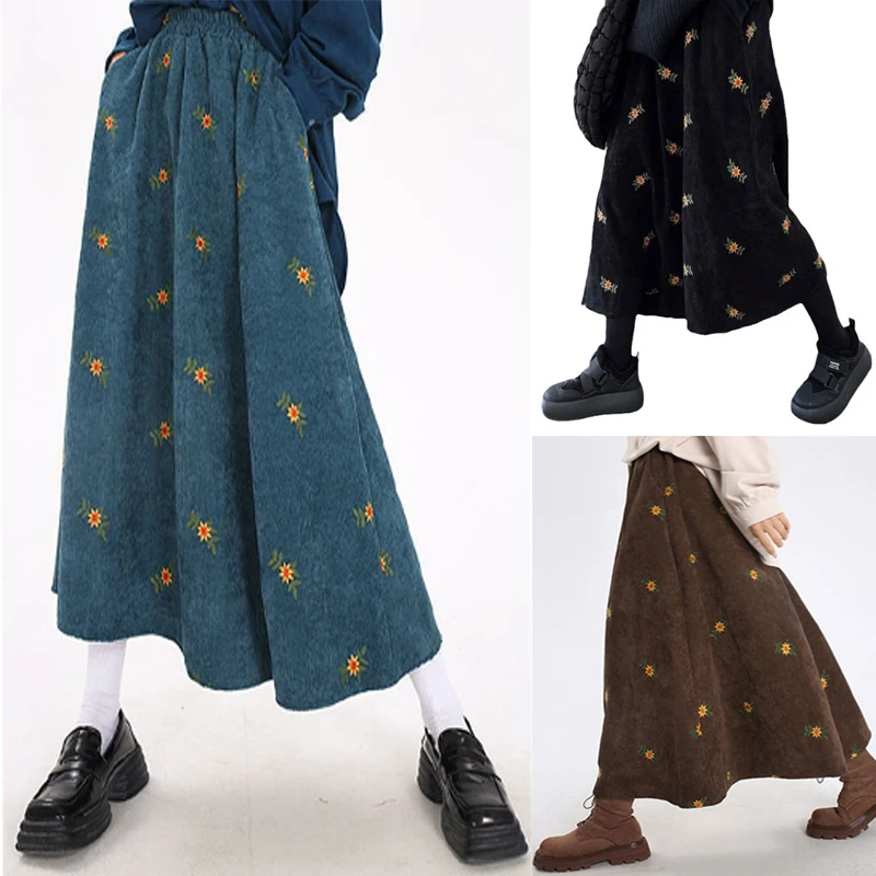 

Embroidered Floral Midi Skirt for Women Forest Style Retro Versatile Corduroy Skirt Early Spring Autumn Knee Length Skirt