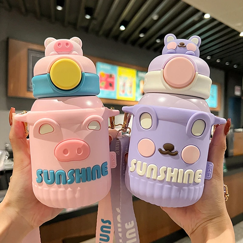 Cute Panda Stainless Steel Water Bottle For Children Girl 550ml Thermal Coffee Milk Tea Bottle Hot Cold Water Thermos With Straw