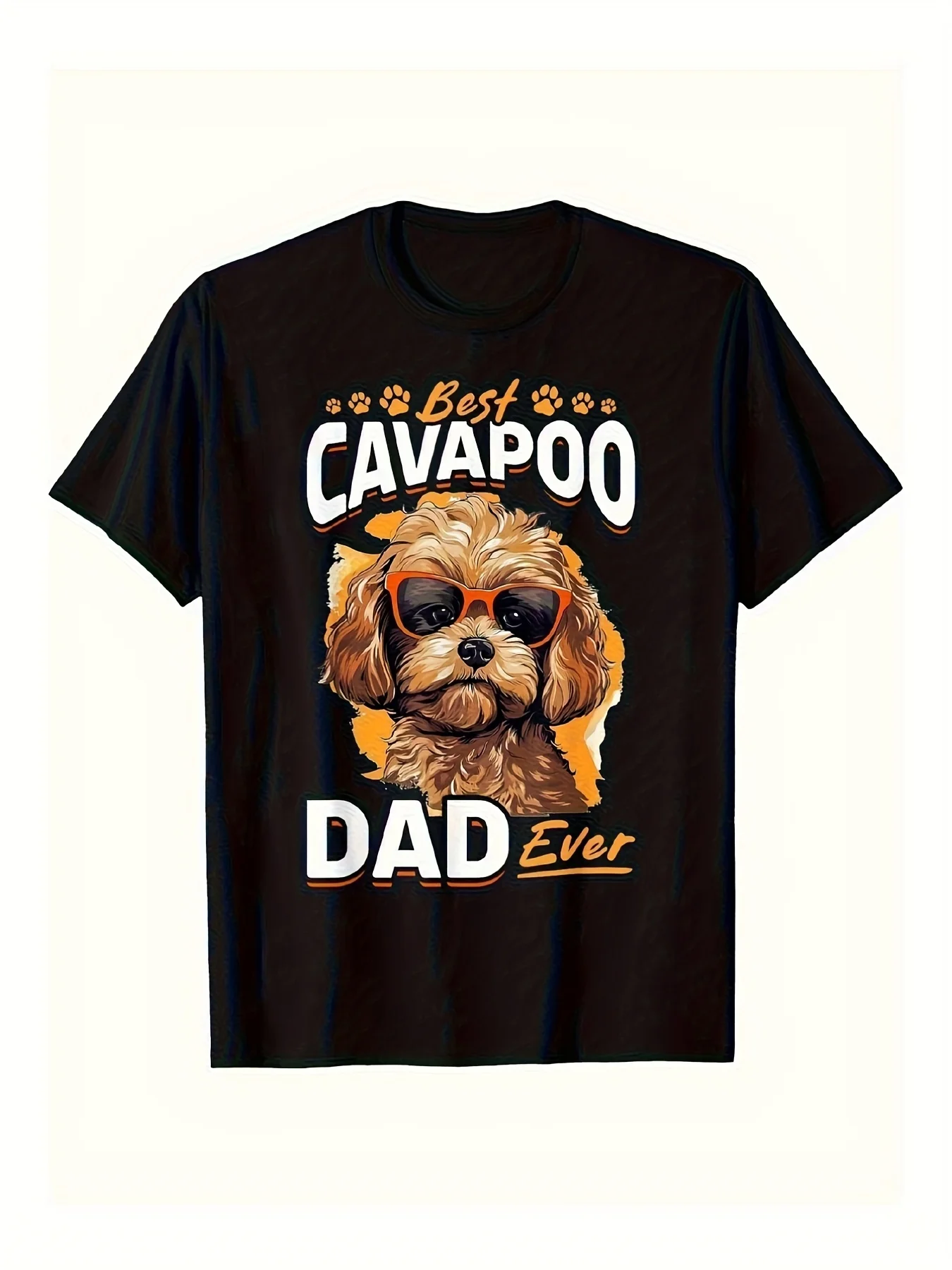 Cavapoo Father Graphic Tee - Playful Black Shirt Showcasing Adorable Cavapoo in Orange Shades,Trendy Cursive And Strong