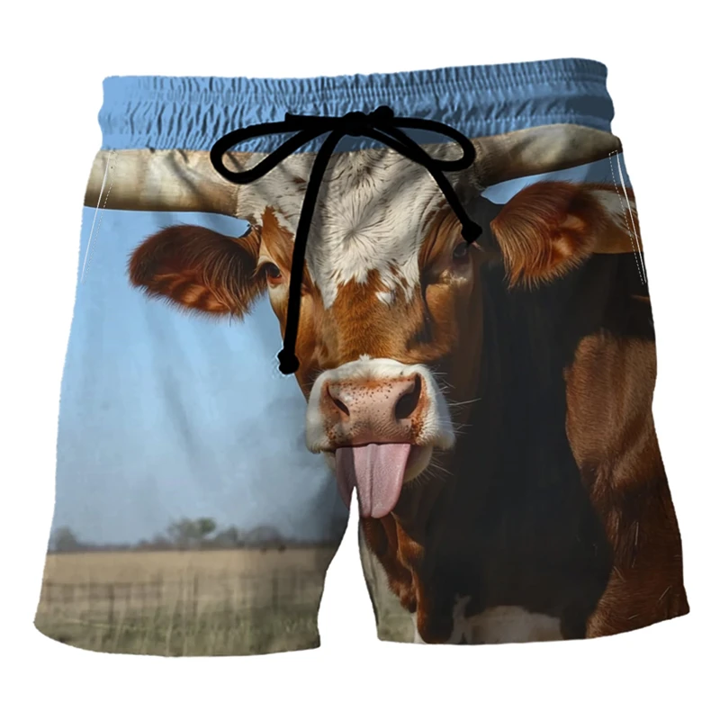 

Пляжные шорты с забавным рисунком коровы, модные летние каникулы, мужские шорты с 3D принтом животных, повседневные дышащие свободные плавки