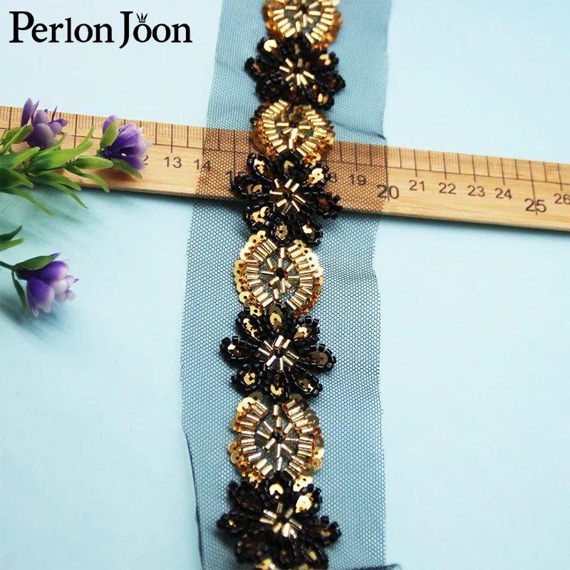 5 Yards Flower Round Shape Black Gold Glass Beaded Sequin Imitation Handmade Mesh Lace Trim DIY Sew Decorated for Clothing HB084