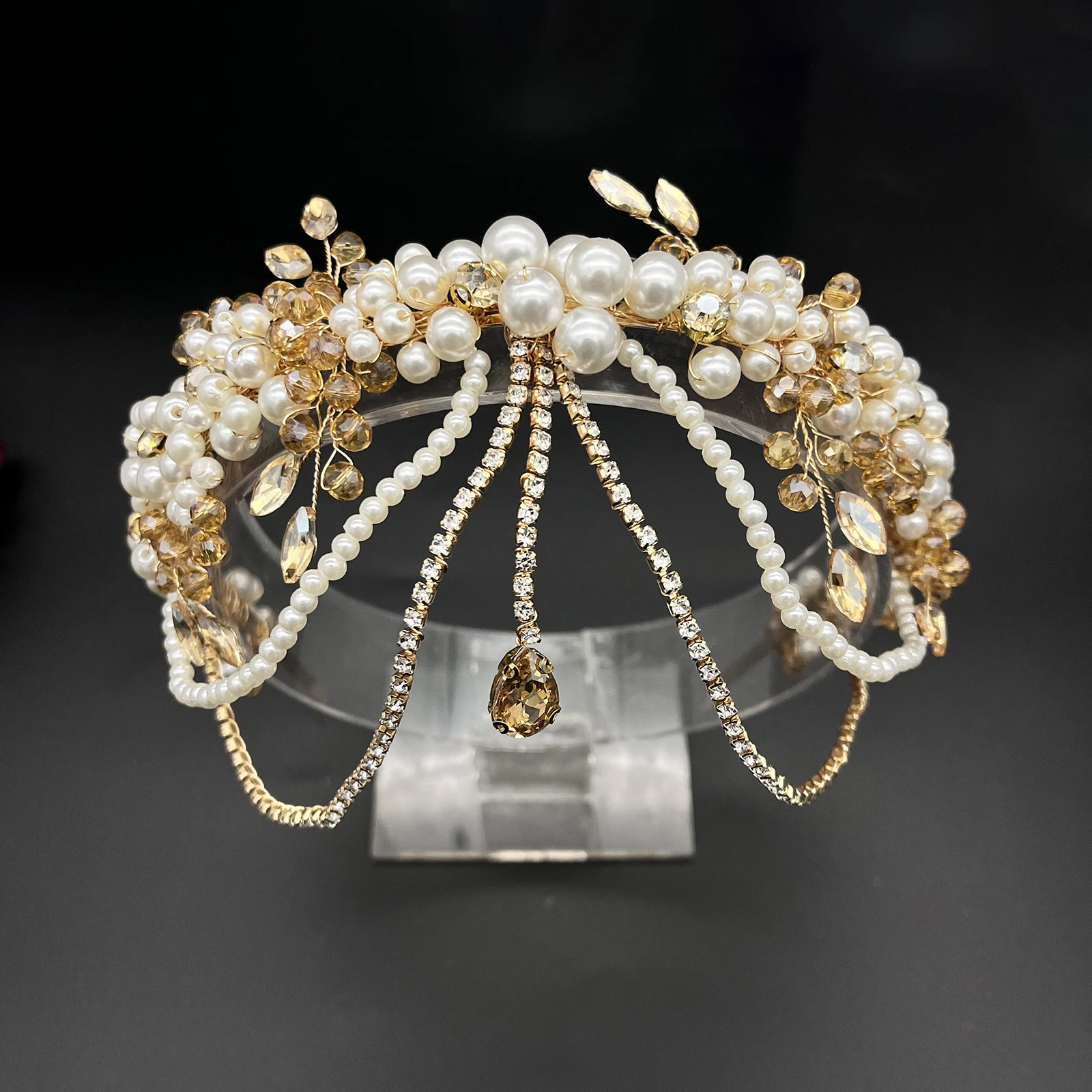 

DZ266 Elegant Headdress For Women Imitation Champagne Red Beaded Wedding Head Chain Forehead Jewelry Bridal Tiaras Crowns