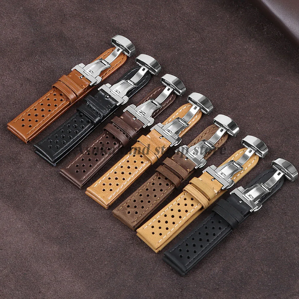 Pulseira vintage pulseira de relógio 18mm 20mm 22mm para samsung watch 7/6/5/4 cinto genuíno pulseira de couro para tag heuer masculino fivela borboleta
