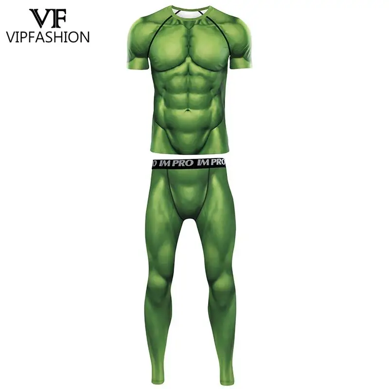 VIP FASHION Muscle T-Shirt Leggings Men Funny Party Cosplay Costume Sport Gym Bodybuilding Set Male Fitness Workout Clothes