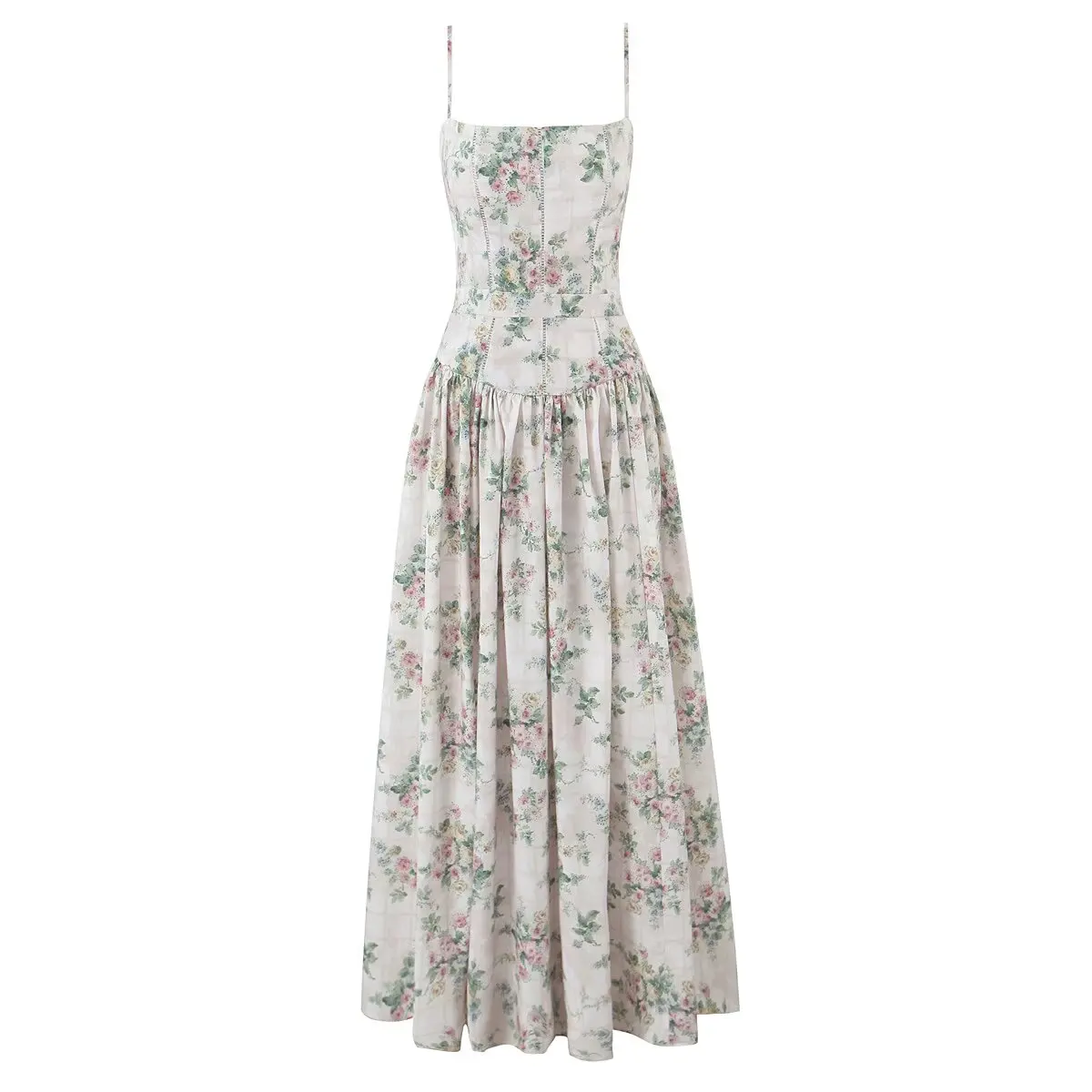

RARA Womens Sleeveless Spaghetti - strap Low - cut Mid - length Printed Dress with Hollow - out Decoration Stylish Womens Dress