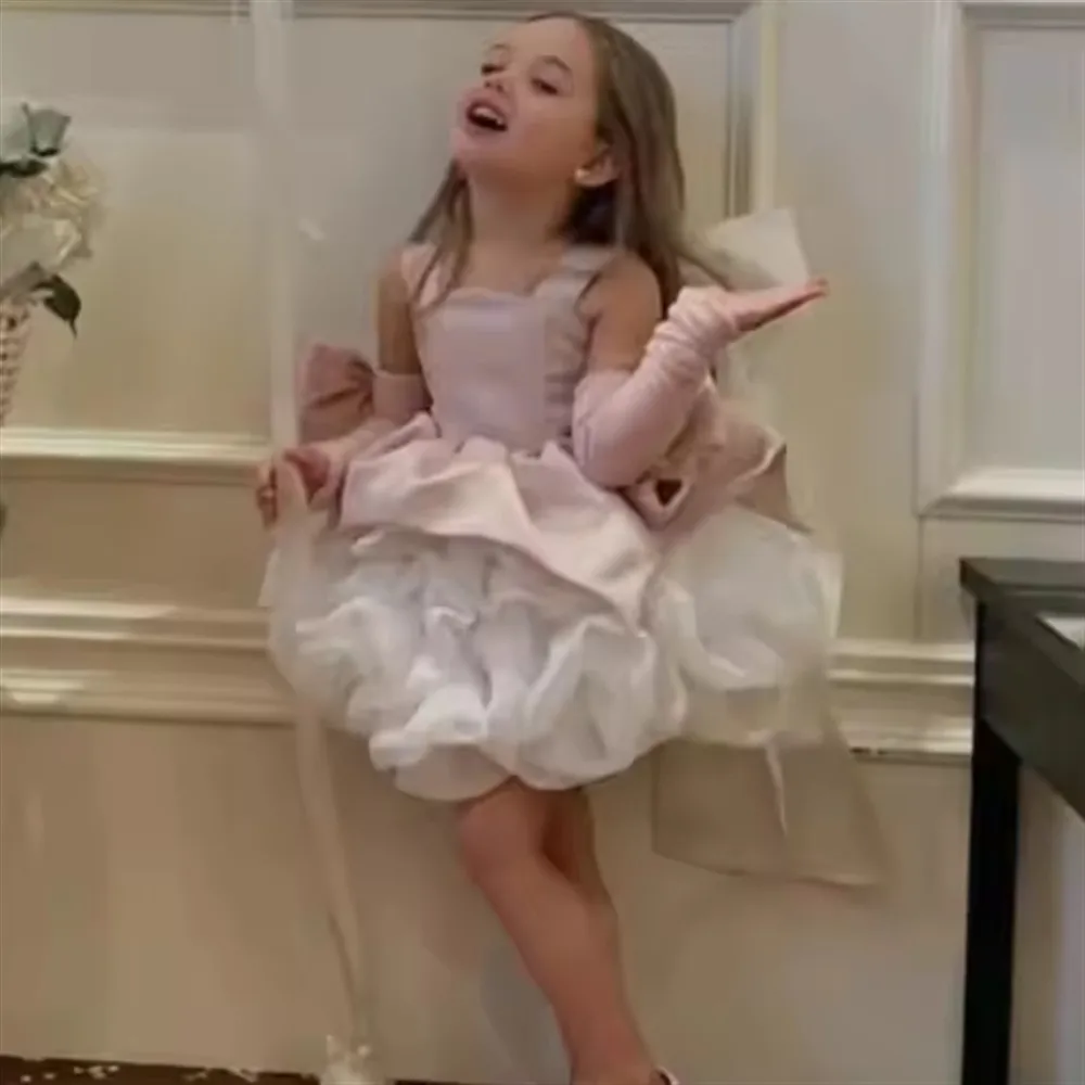 تخصيص المخملية زهرة فتاة فستان الزفاف المتدرج مع القوس نفخة فتاة حزب اللباس الاطفال عيد الميلاد الاحتفالية ثوب التواصل المقدس
