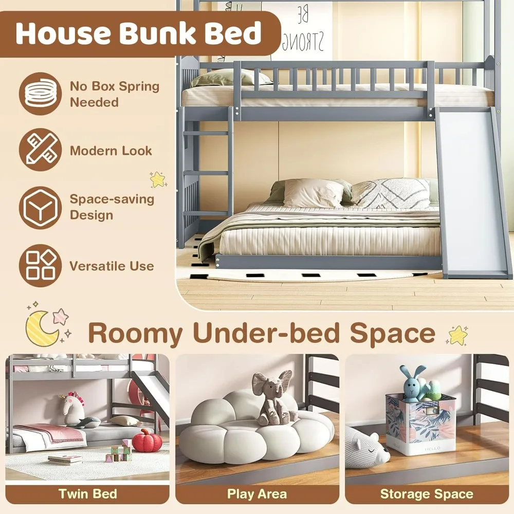 Bunk Beds, with Slide Wood Twin Bunk Bed with Stairs for Kids, House Bunk with Roof for Boys or Girls, No Box Spring Needed, Bed