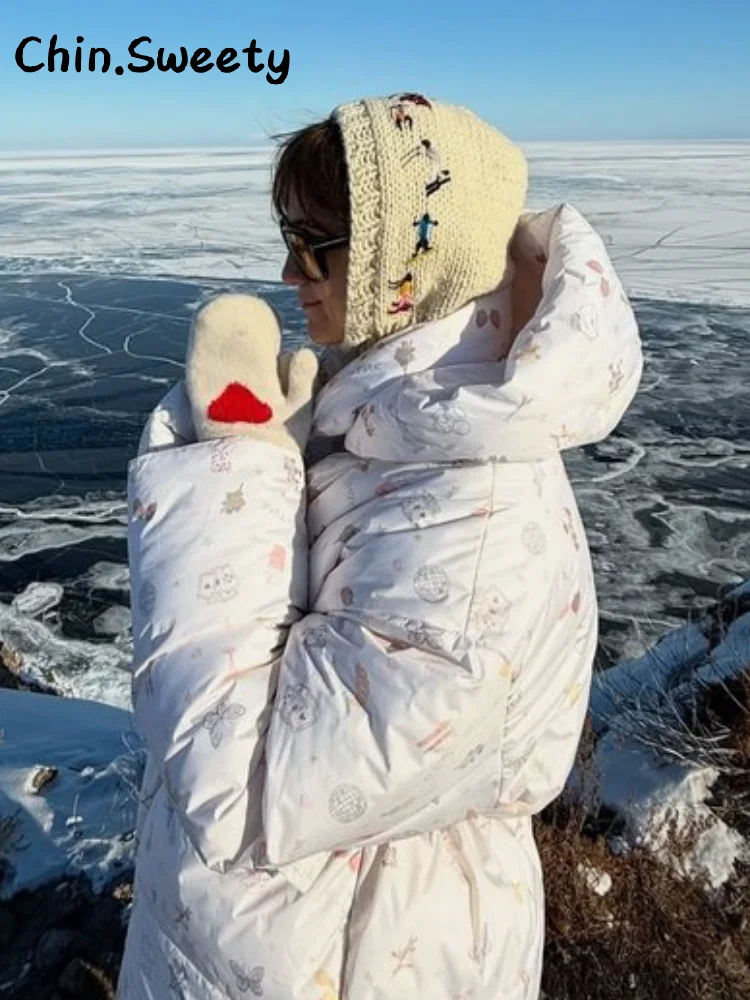 

Warm Printed Hooded Cotton Padded Coats Women Stand Collar Full Sleeve Zipper Pockets Coat 2025 Autumn Winter Lady Chic Outwear