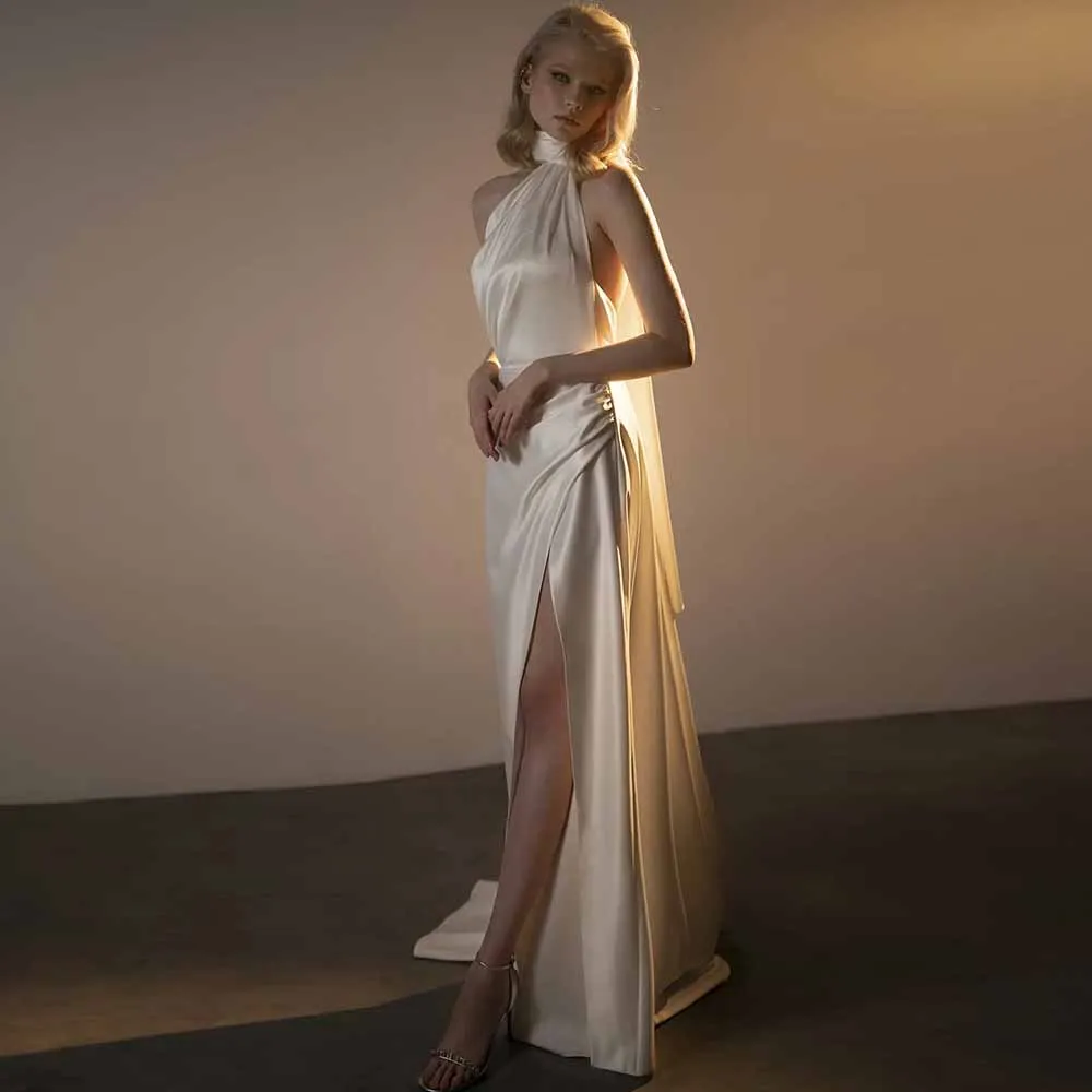 

Classy Women's Dresses Trend 2025 Satin Sheath Wedding Party Dresses Champagne Turtleneck Criss-Cross Backless Wedding Dresses