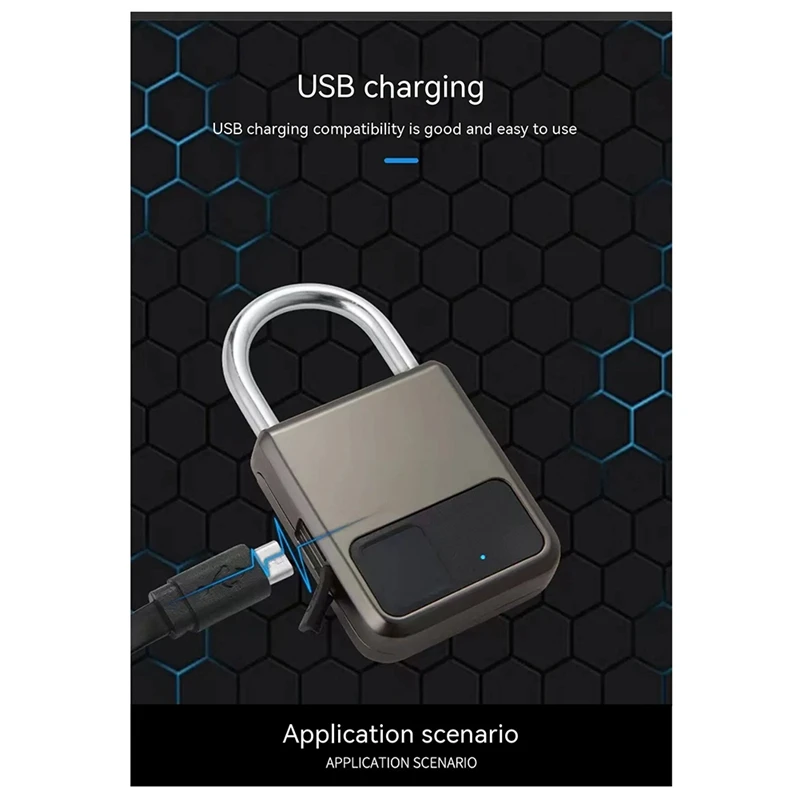 Smart Portable Fingerprints Tuya APP Pad Lock With USB Key Support For Emergency Easy To Use (Grey)