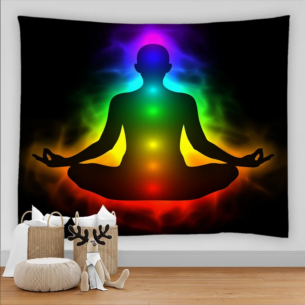 Indian Buddha Statue Meditation 7 Chakra Tapestry Wall Hanging Mandala Tapestries Wall Cloth Psychedelic Yoga Wall Hanging