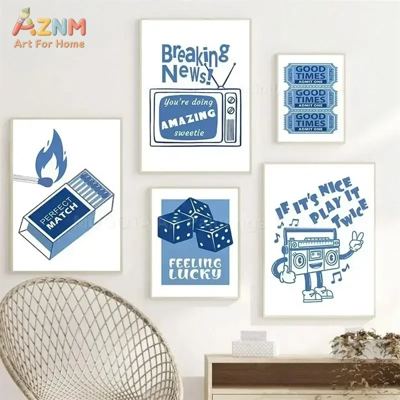 AZNM Blue Retro Dice Radio Matchbox Quote Canvas Poster, Frameless Trendy Cartoon Wall Art For Dorm Bedroom Living Room Home Dec