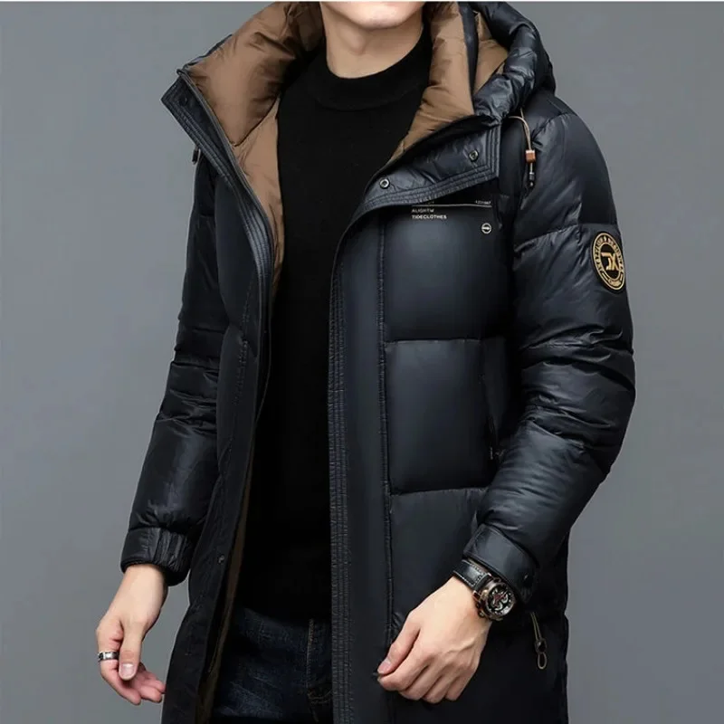 New 2024 Male Parkas Black Gold White Duck down Jacket Mid-Length Hooded Coat Young and Middle-Aged Thick Warm Men