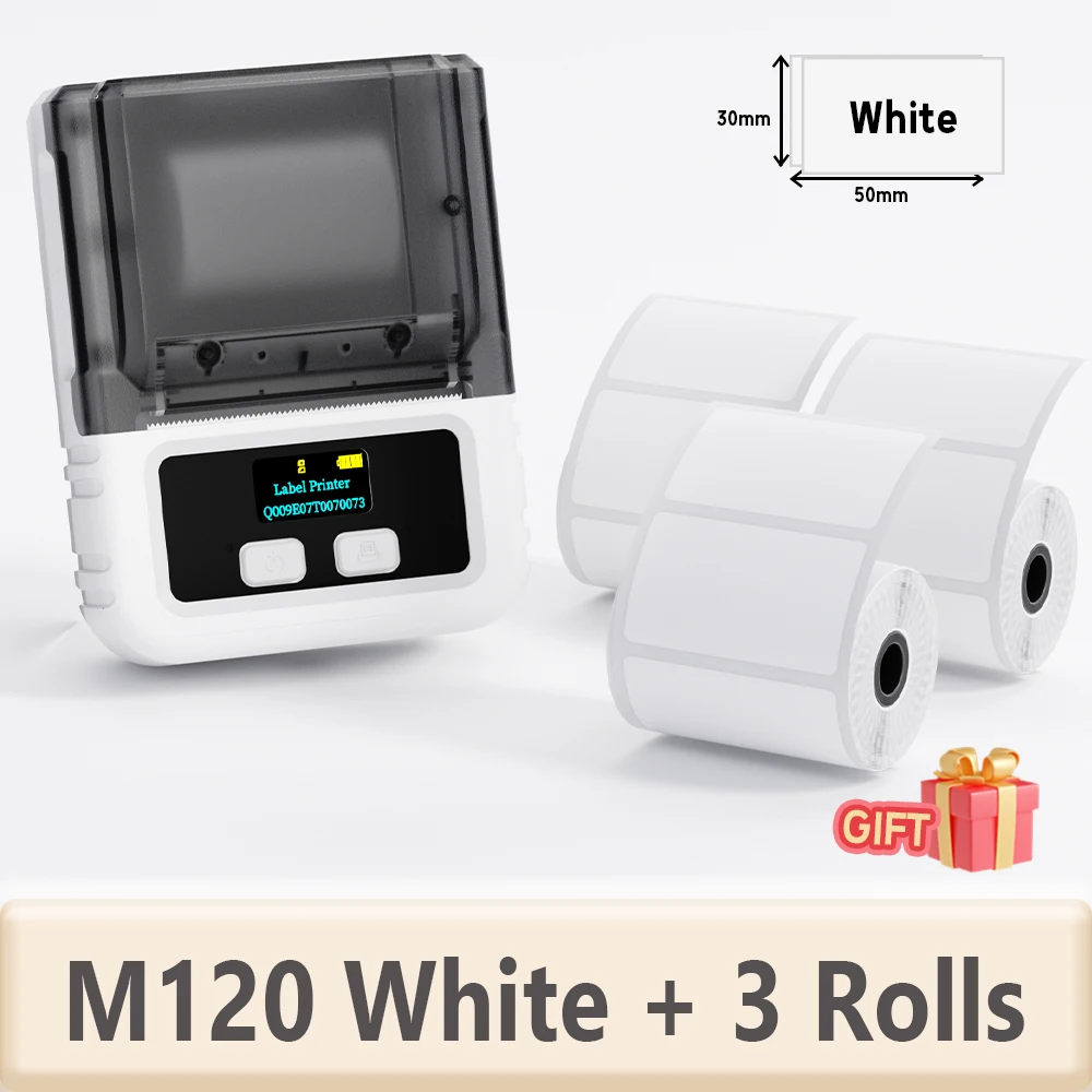 M120 라벨 메이커 - 바코드 라벨 프린터 블루투스 라벨 메이커 소규모 비즈니스용 휴대용 감열 프린터 (스티커 3롤 포함)