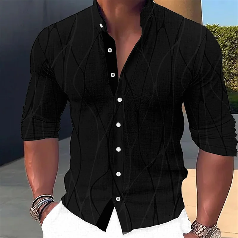 

Men's shirt graphic print stand collar black and white dark green brown dark blue outdoor street long sleeve designer casual