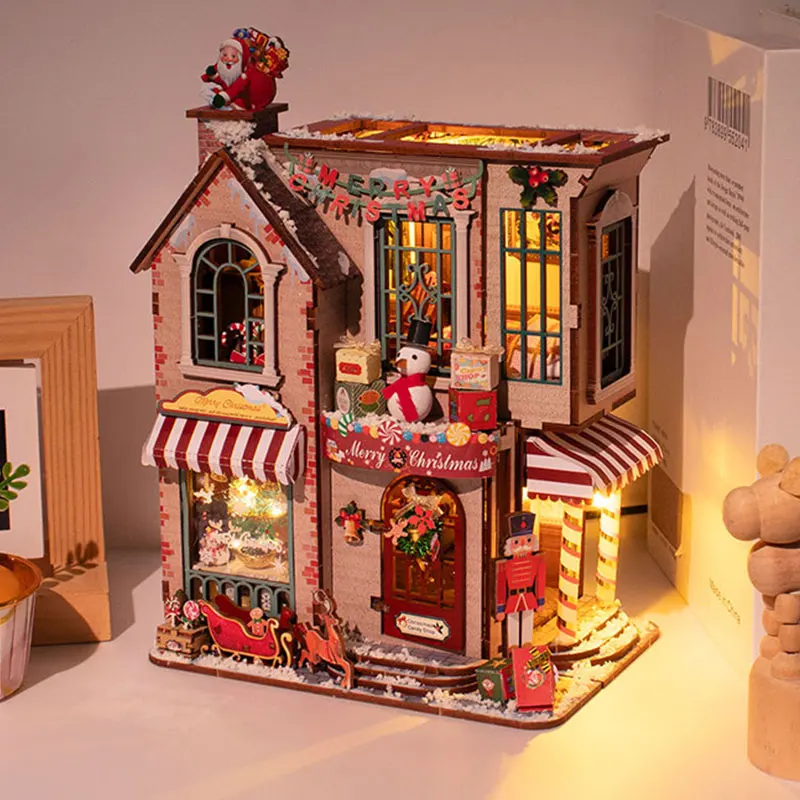 Kits de modèles miniatures en bois à faire soi-même, chalet de Noël enchanté, puzzle 3D, maison de poupée avec meubles, cadeaux d'anniversaire pour amis