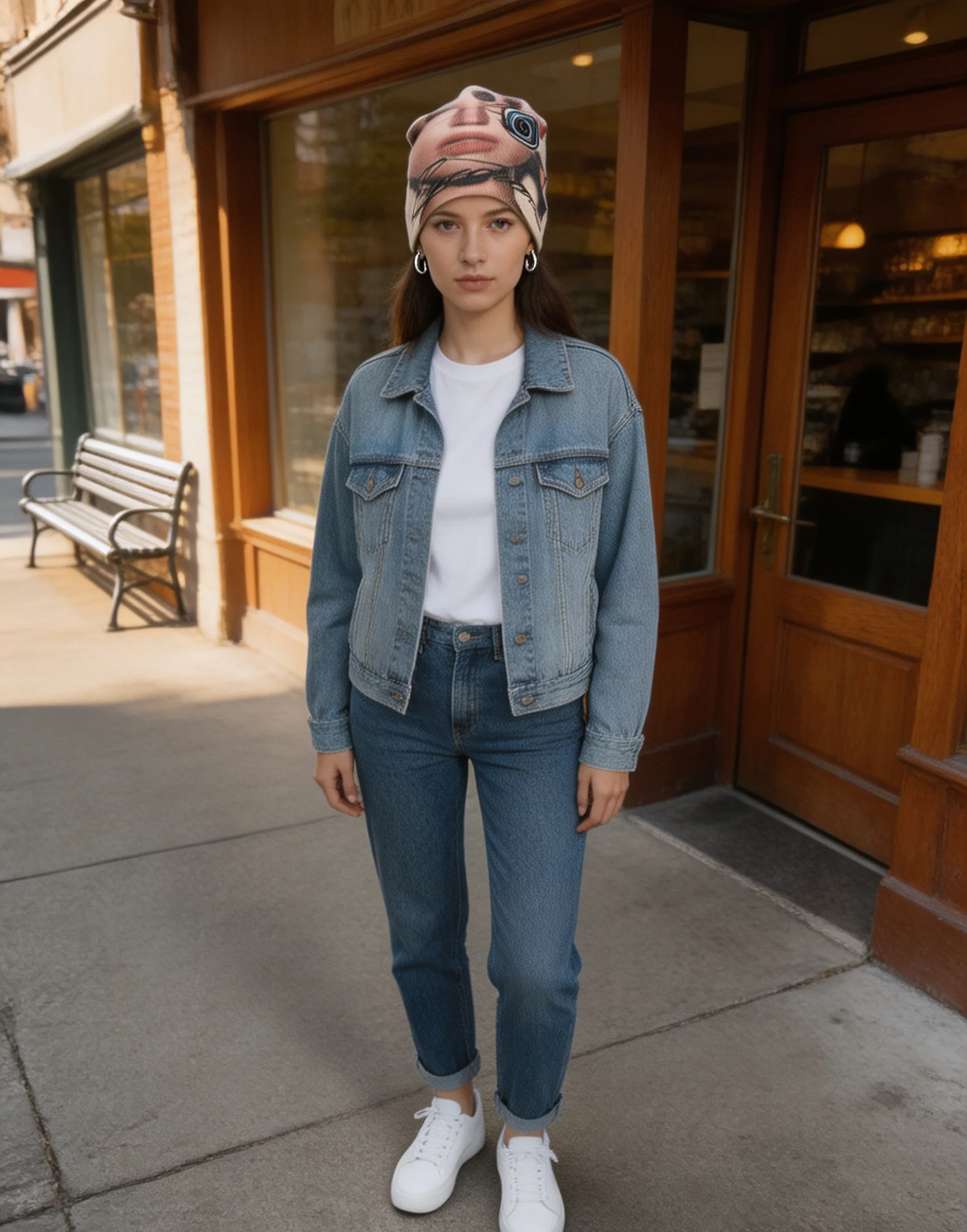 American Style Retro Street Style Rice White Photo Camera Printed Knit Hat
