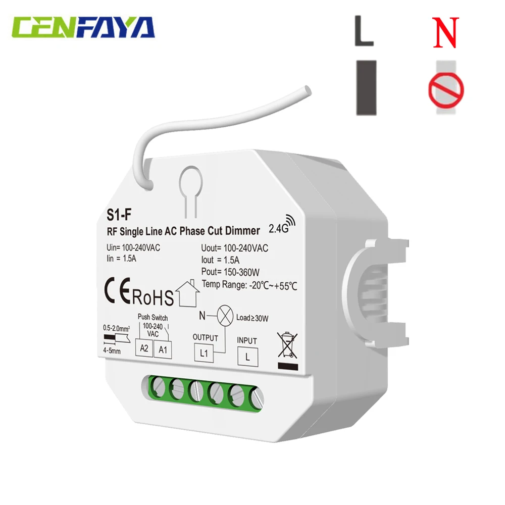 CENFAYA Single Line AC Phase Cut RF Dimmer No Neutral With AC Push Switch Dimming Fade time 3s For Dimmable LED lamps AC100-240V