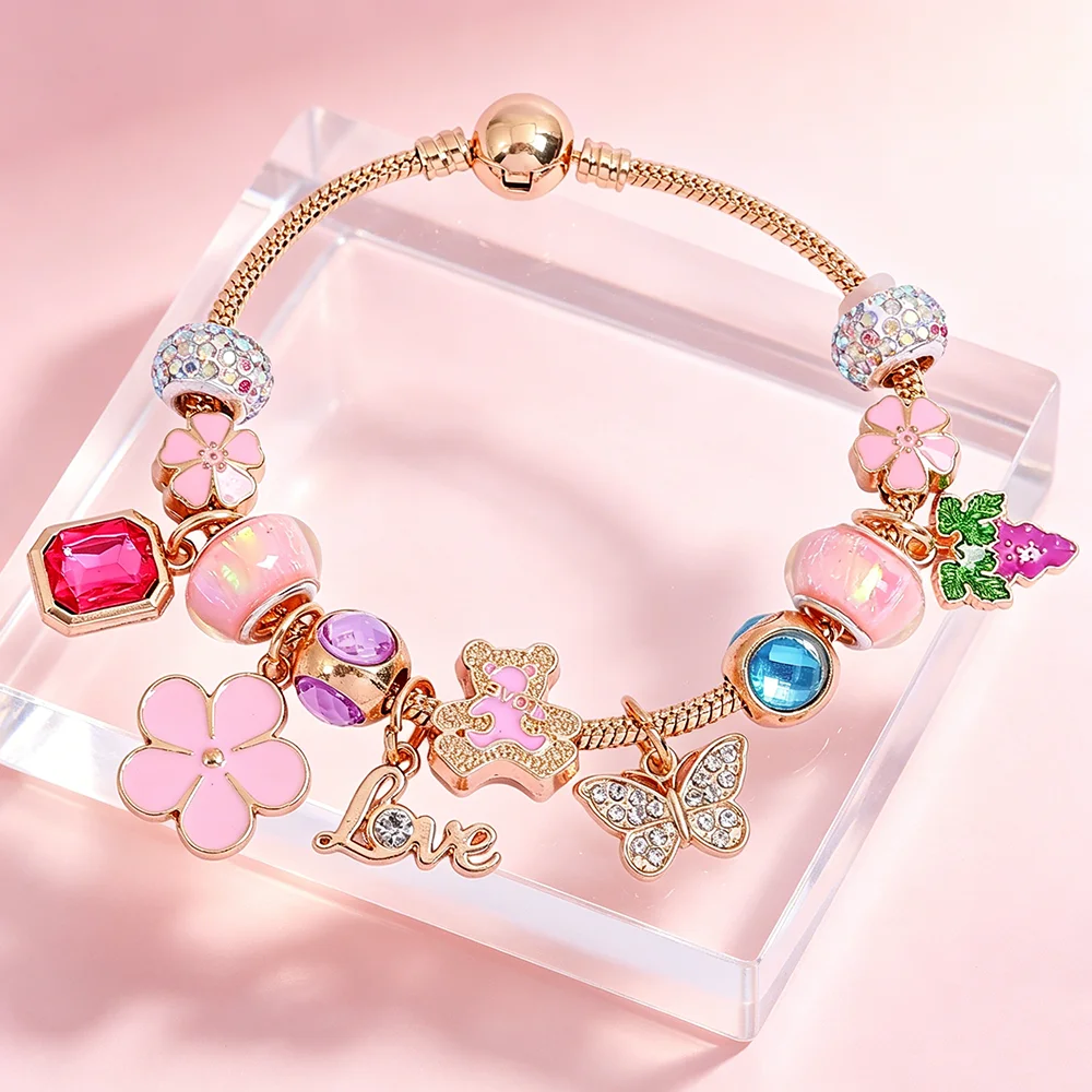 Cute Bear Butterfly DIY Bead Bracelet, Zinc Alloy Multifaceted Gemstone Beads, Pink Floral Love Pendant Birthday Gift for Her