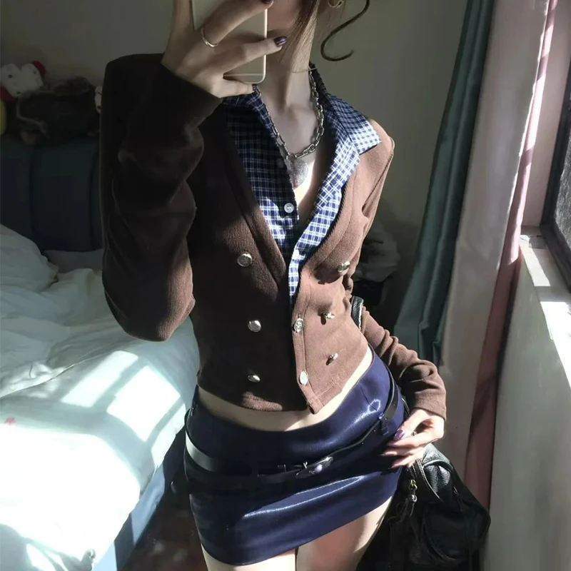 Genayooa Y2k قميص ياباني نسائي مرقع بأكمام طويلة مكون من قطعتين قطع علوية أمريكية ريترو 90s ملابس علوية من Gurnge ملابس الشارع